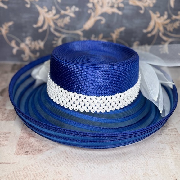 Estate Royal Blue Kentucky Derby Wide Brim Hat Mesh Floral Feather main image 5